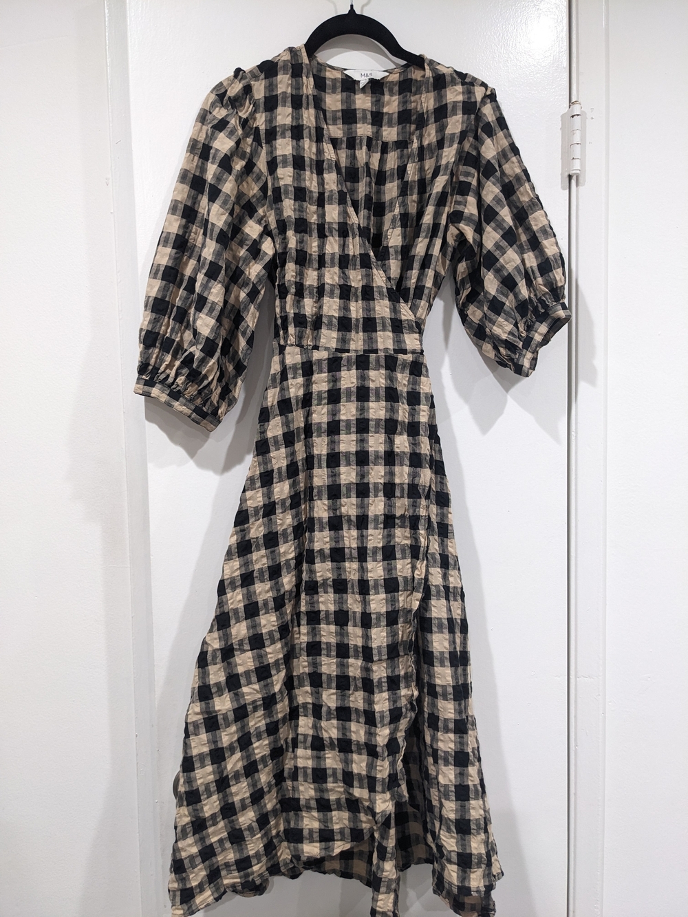 Black and Cream Gingham Wrap Midi Dress